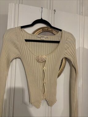 Kimchi Blue Cream Ribbed Scoop Cardigan with Floral Accent
